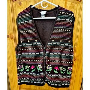 Vtg 90s Country Primitive Women's Rainbow Embroidered Flower Sweater Vest Size M